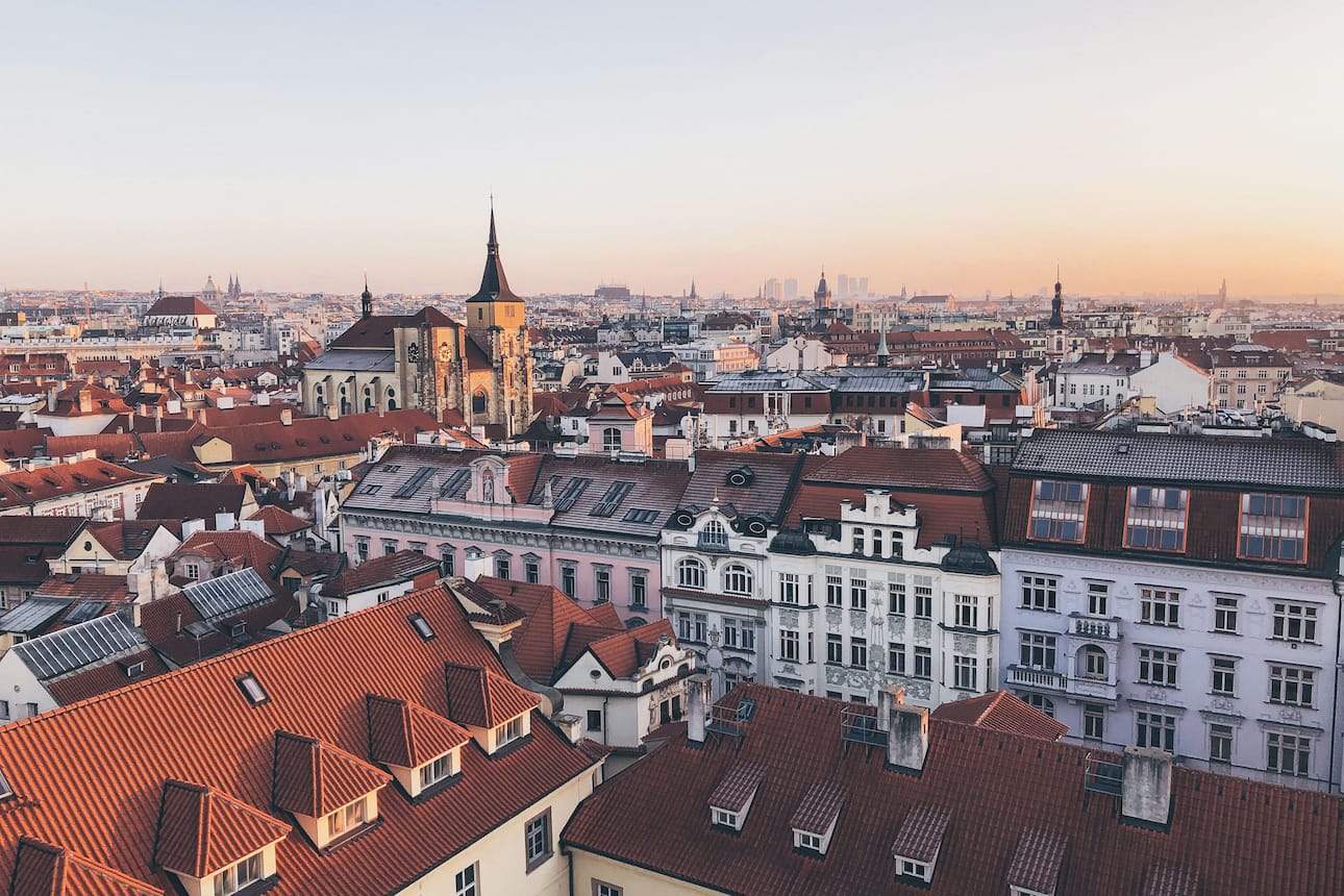 A view over Prague's Old Town at sunset 