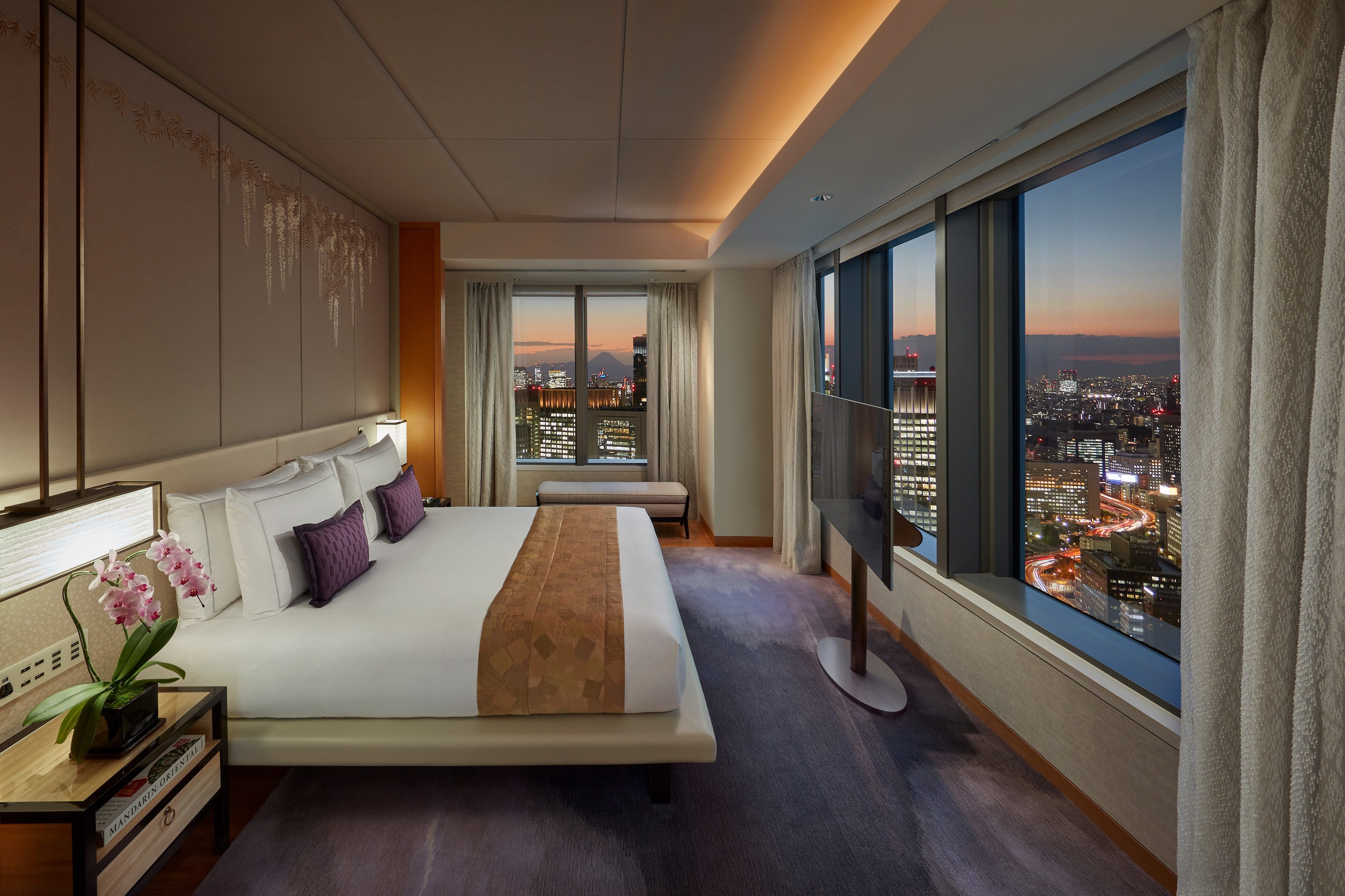 Inside the Oriental bedroom at MO Tokyo with its views of the city skyline