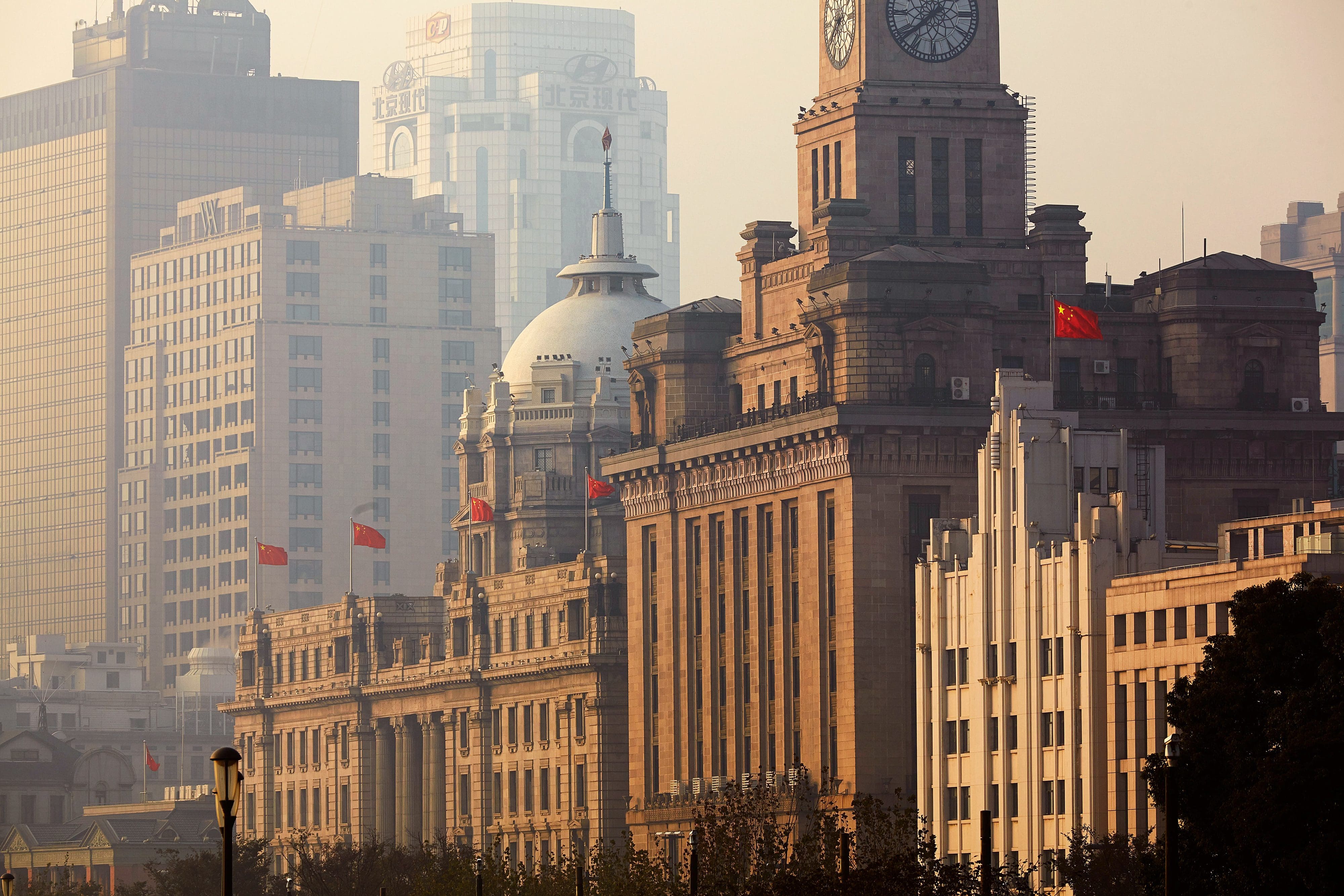 Imposing Art Deco buildings of The Bund, Shanghai in the morning sunlight