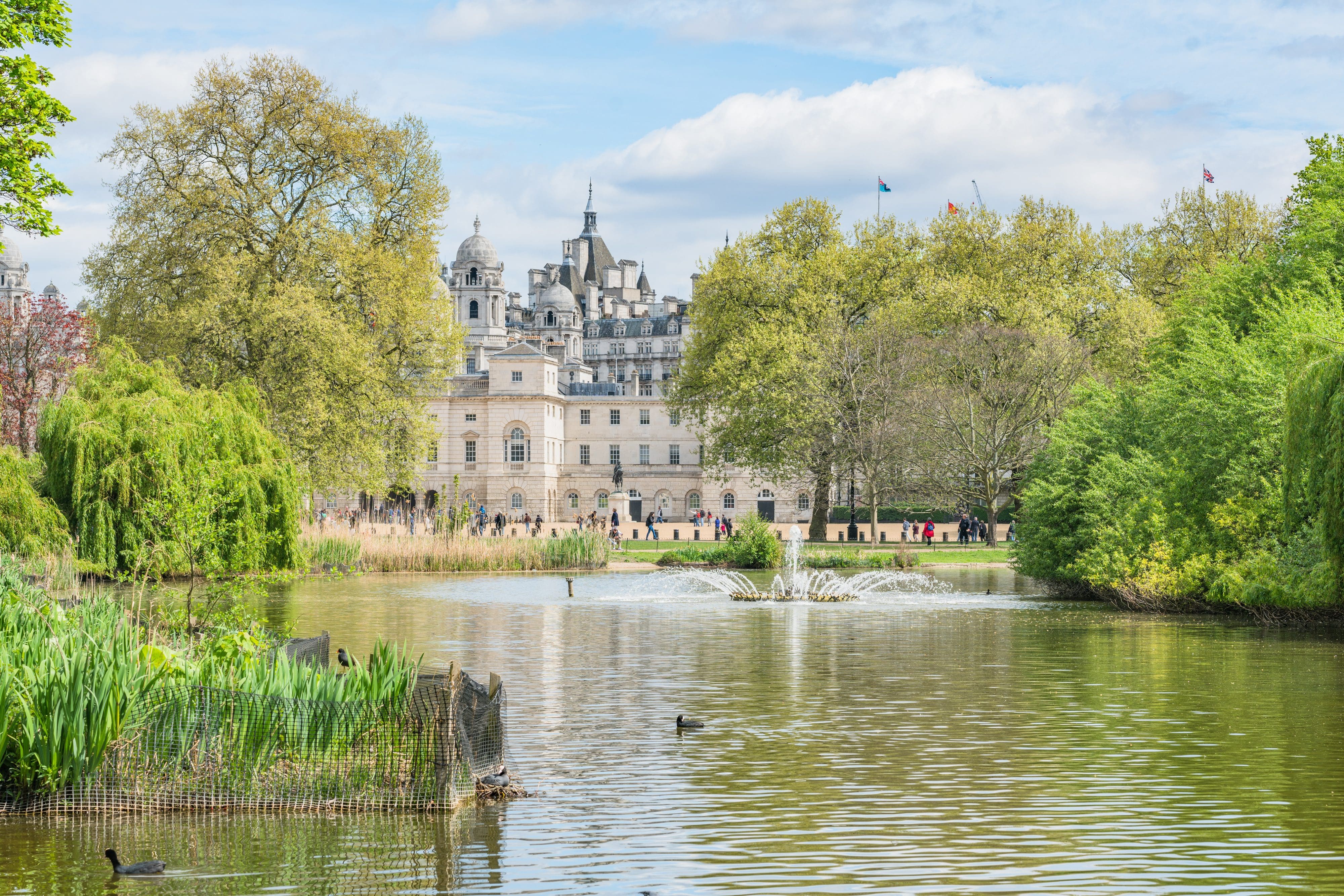 View of Horse Guards Parade from the lake in St James's Park, London