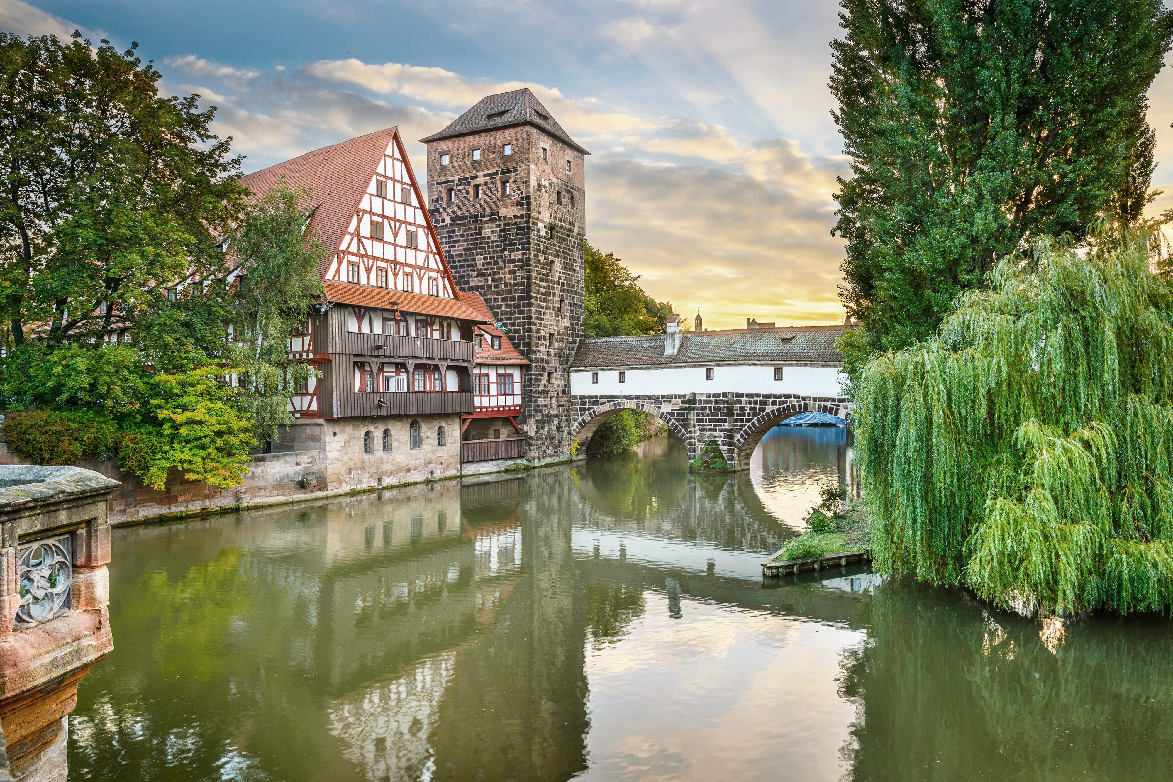 Henker haus and Henkersteg bridge over Pegnitz river in Nuremberg
