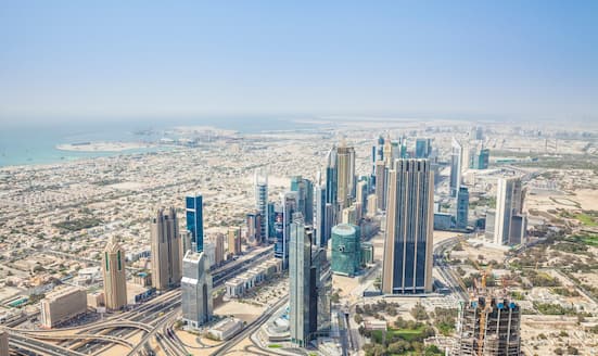 Aerial view of Downtown Dubai and the Dubai International Finance Centre (DIFC) district