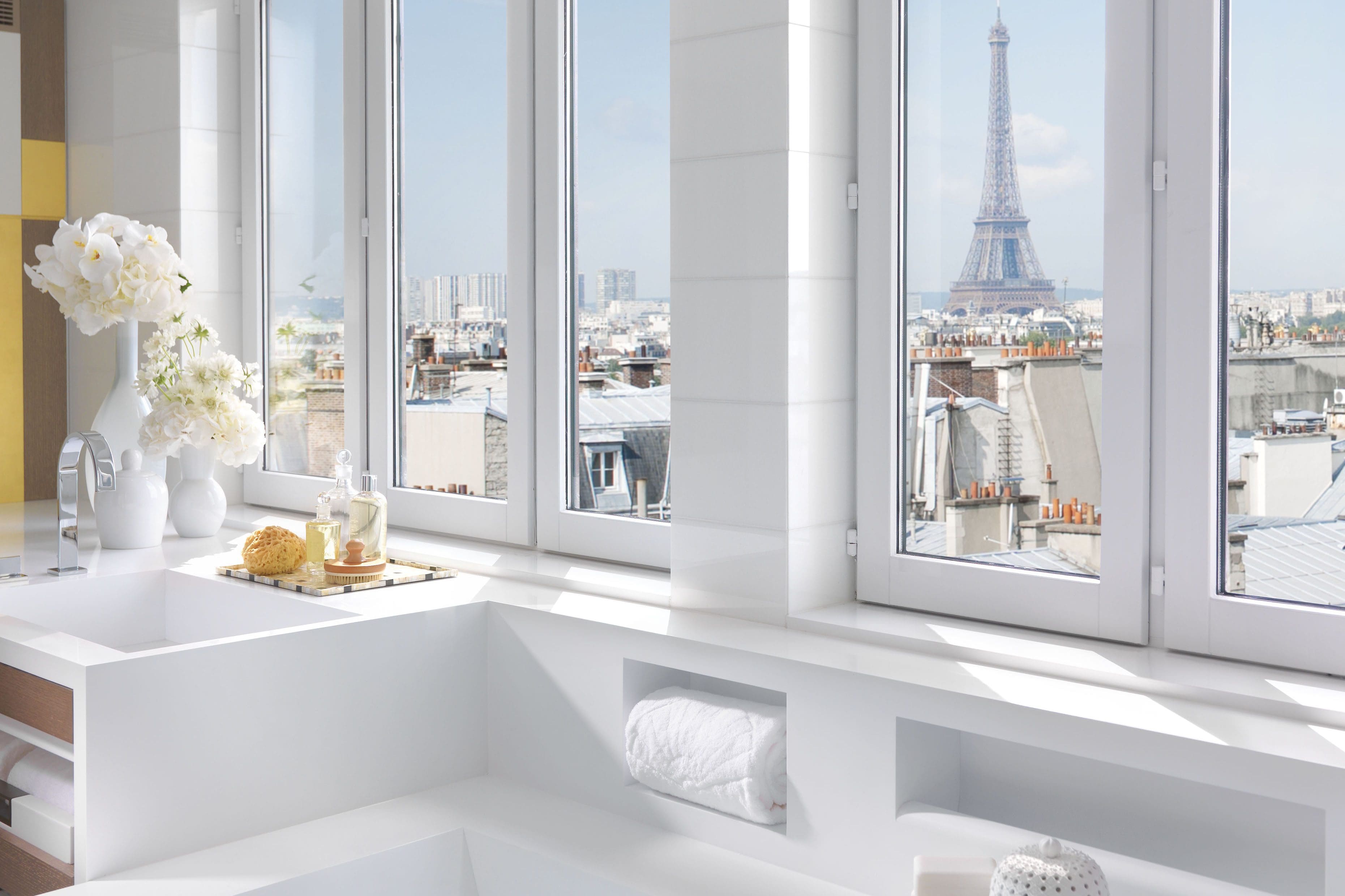 View of the Eiffel Tower from the bathroom at Mandarin Oriental Paris