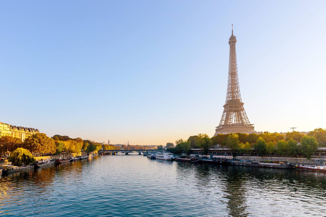 View of the Eiffel Tower from the Seine in Paris