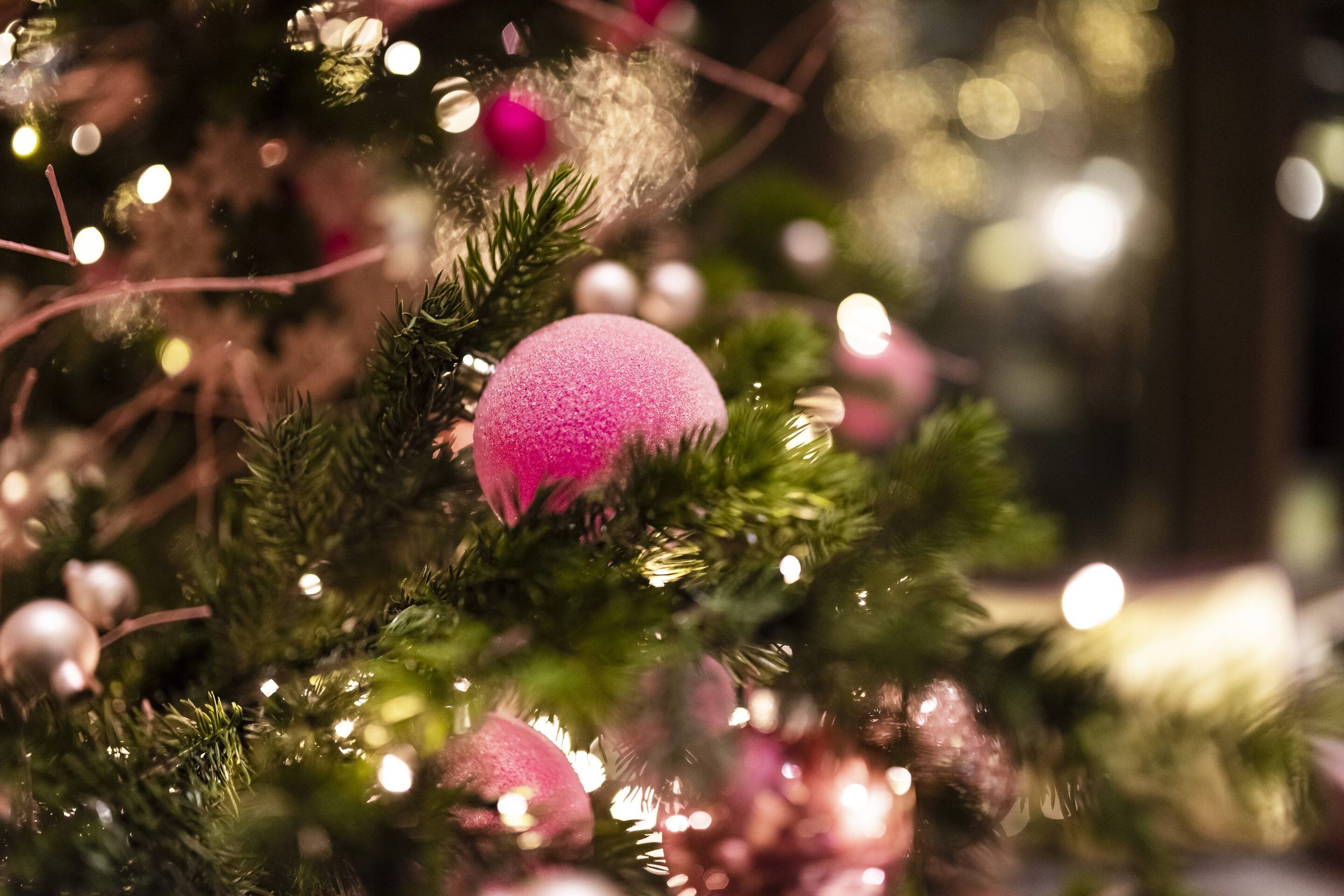 Pink, festive bauble on Christmas tree