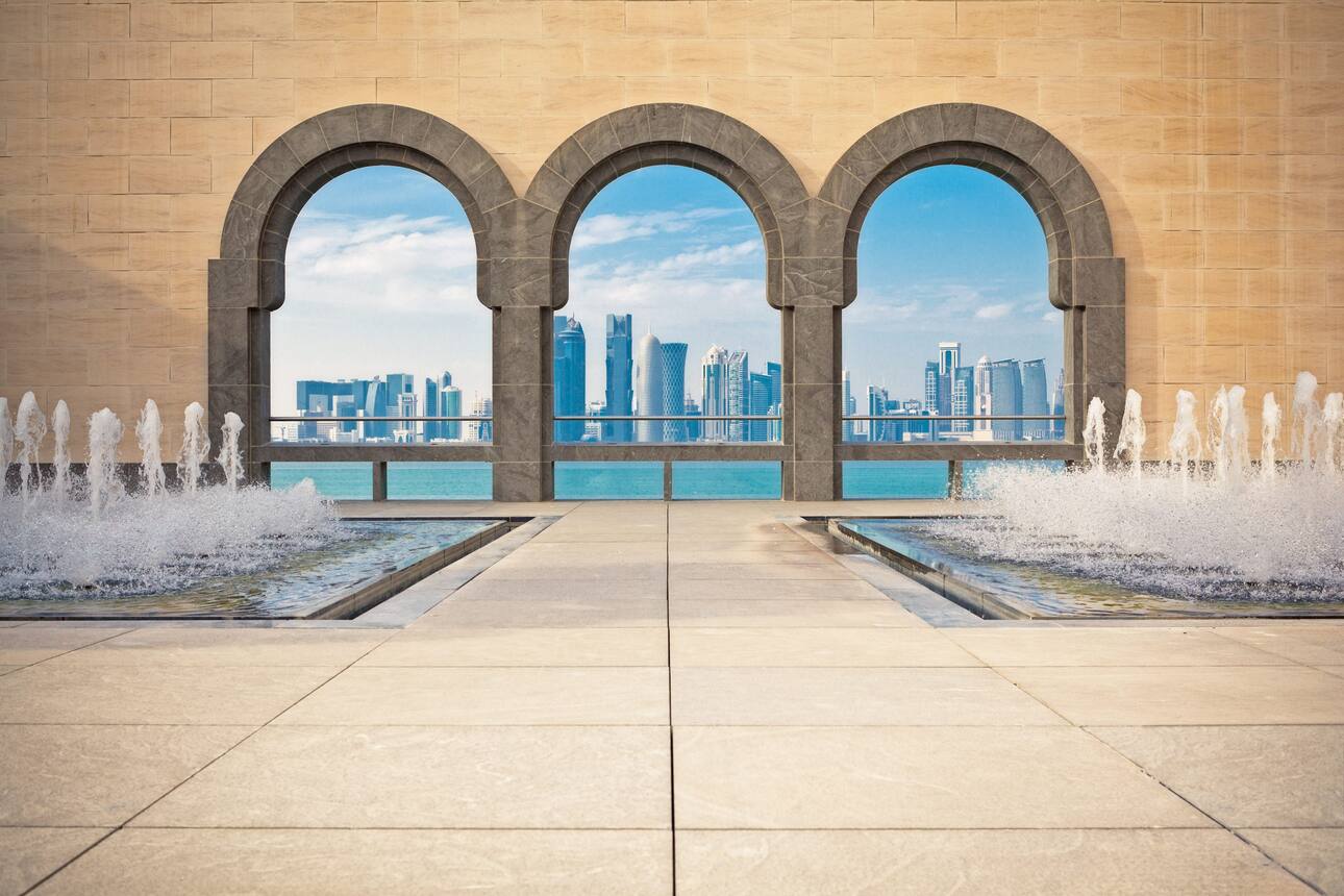 View of the Doha cityscape between pillars 