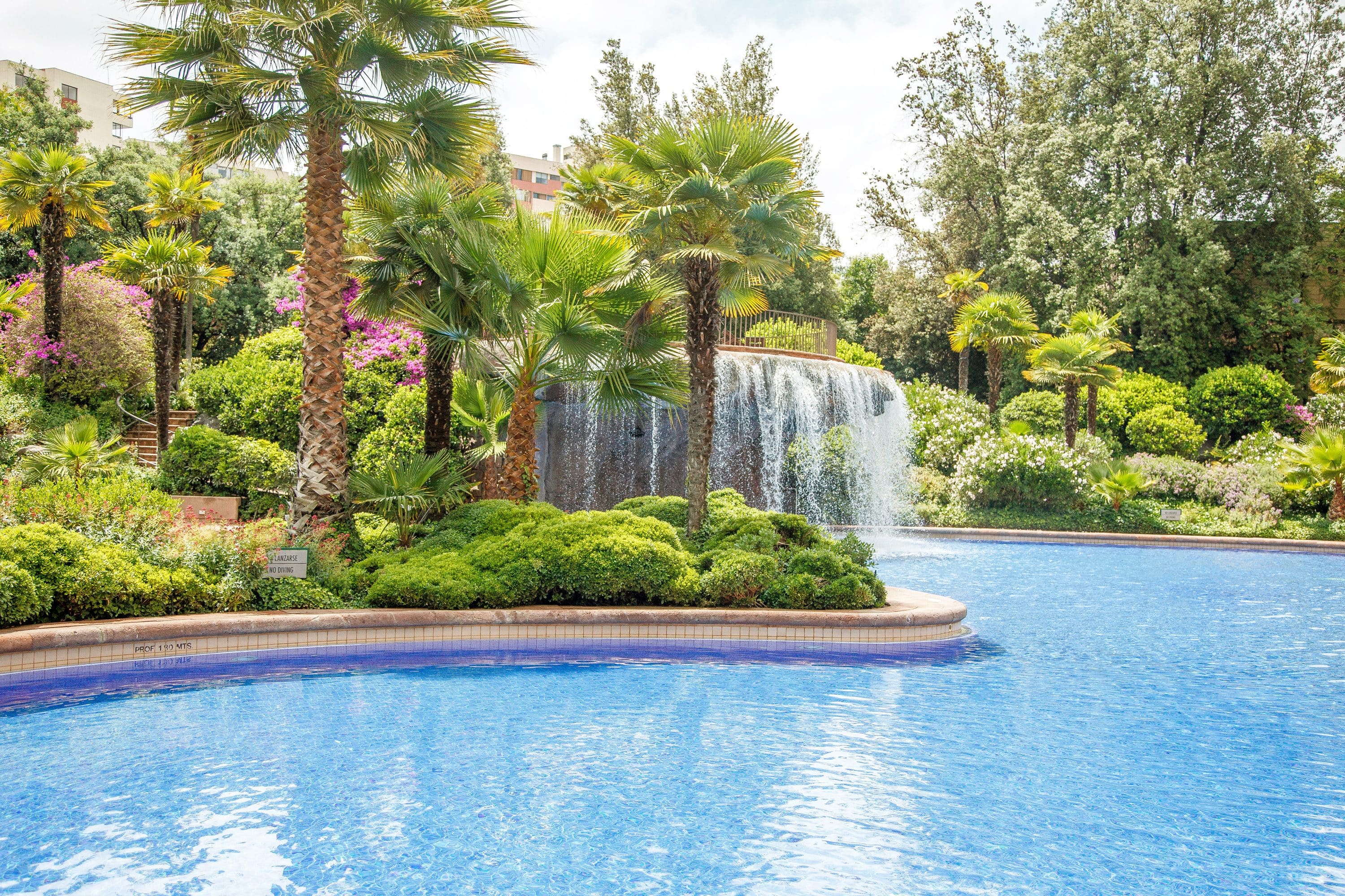 Greenery and a cascading water feature surround the pool at Hotel Santiago, Chile