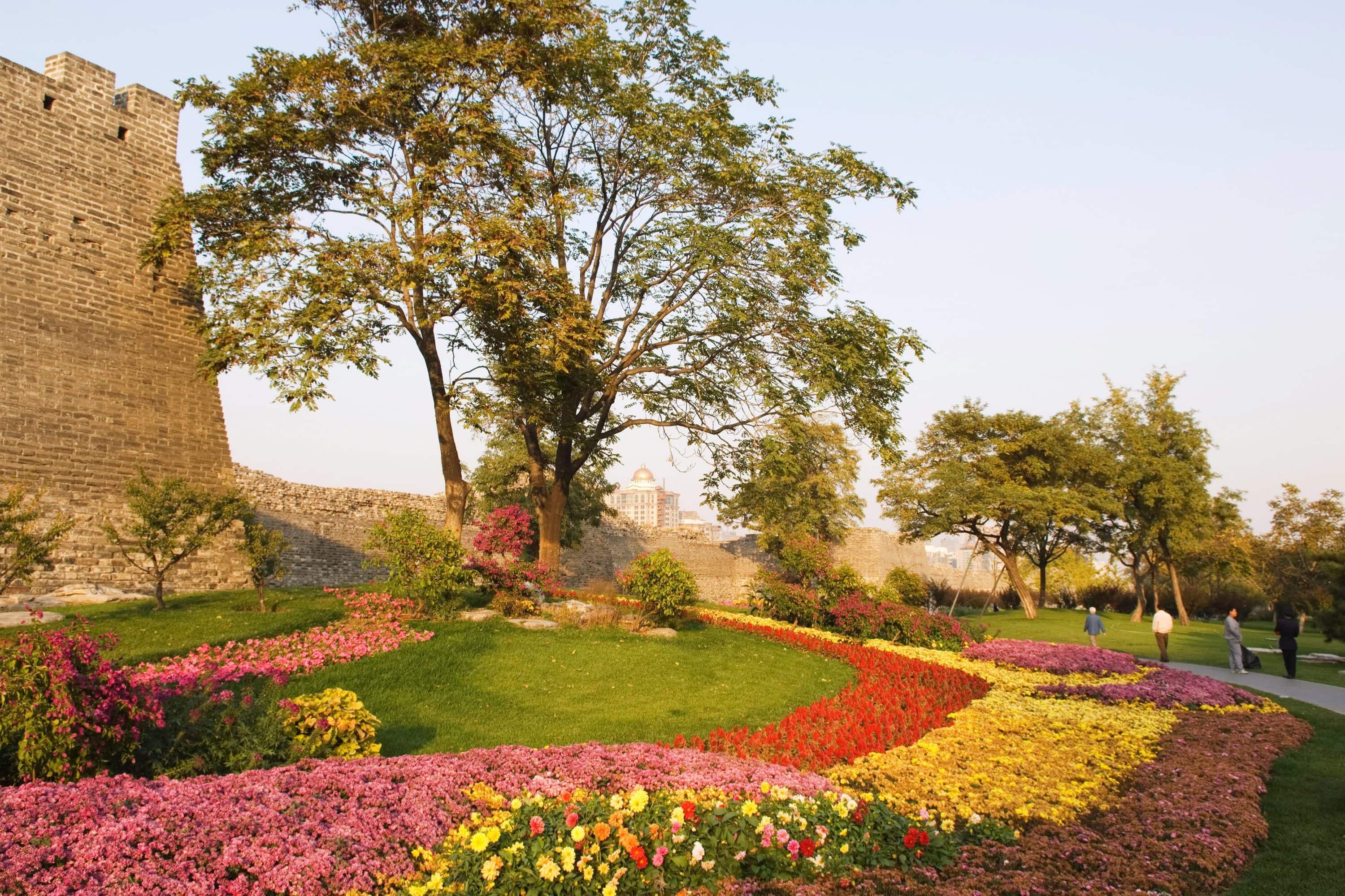 Visitors admire bright flowers in the Ming City Wall Ruins Park
