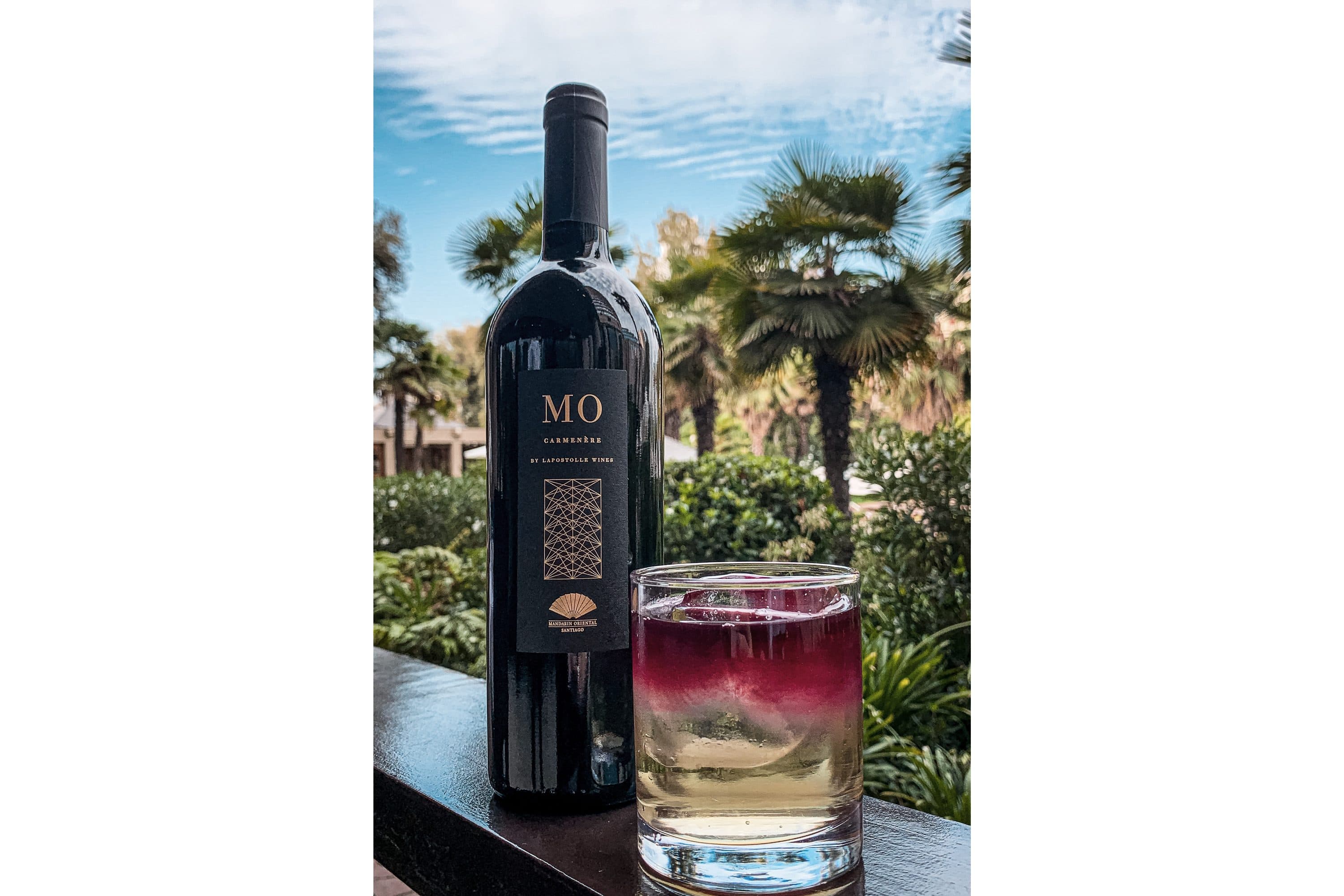MO Whisky Sour cocktail and MO branded wine bottle