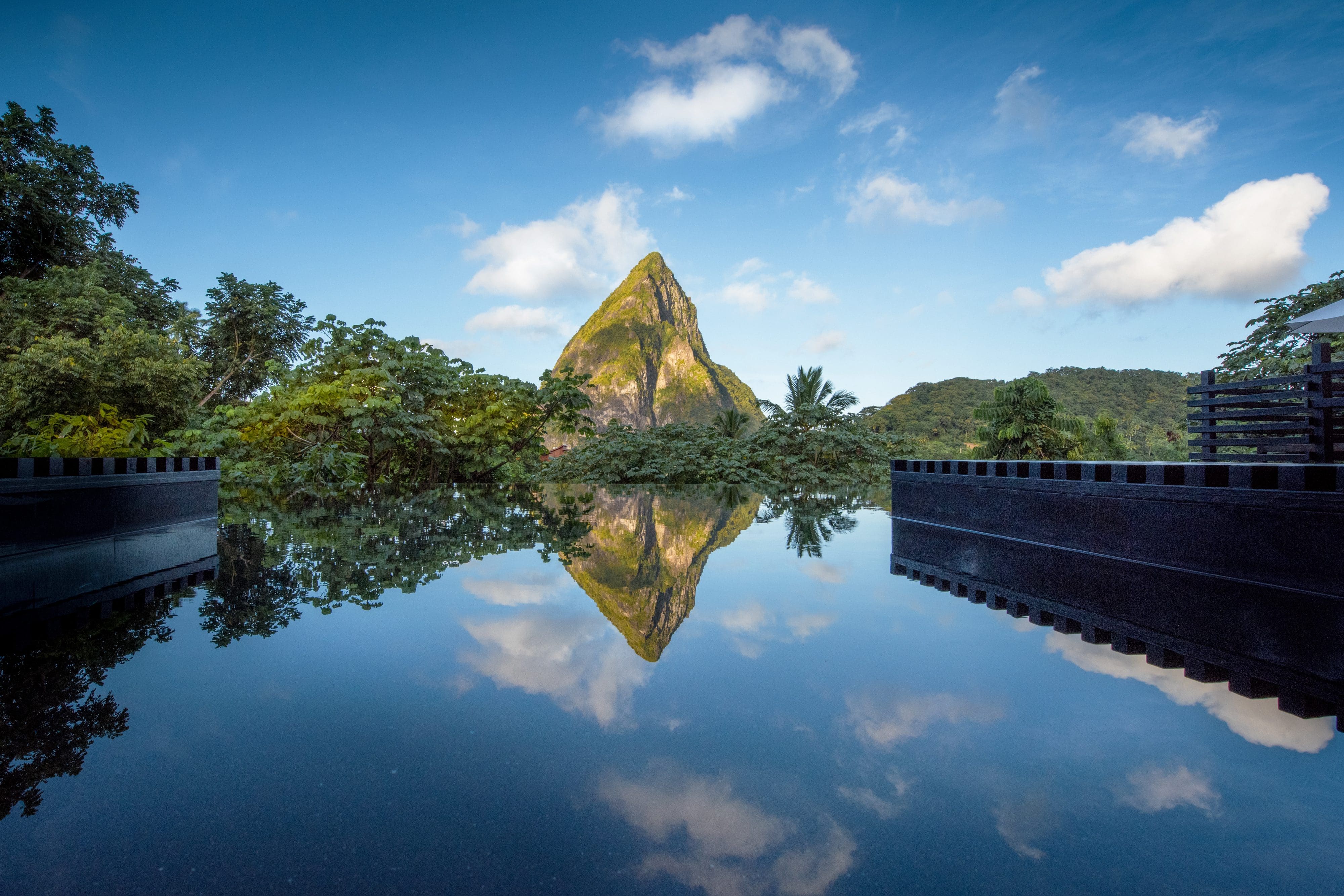 View of St Lucia mountain from pool