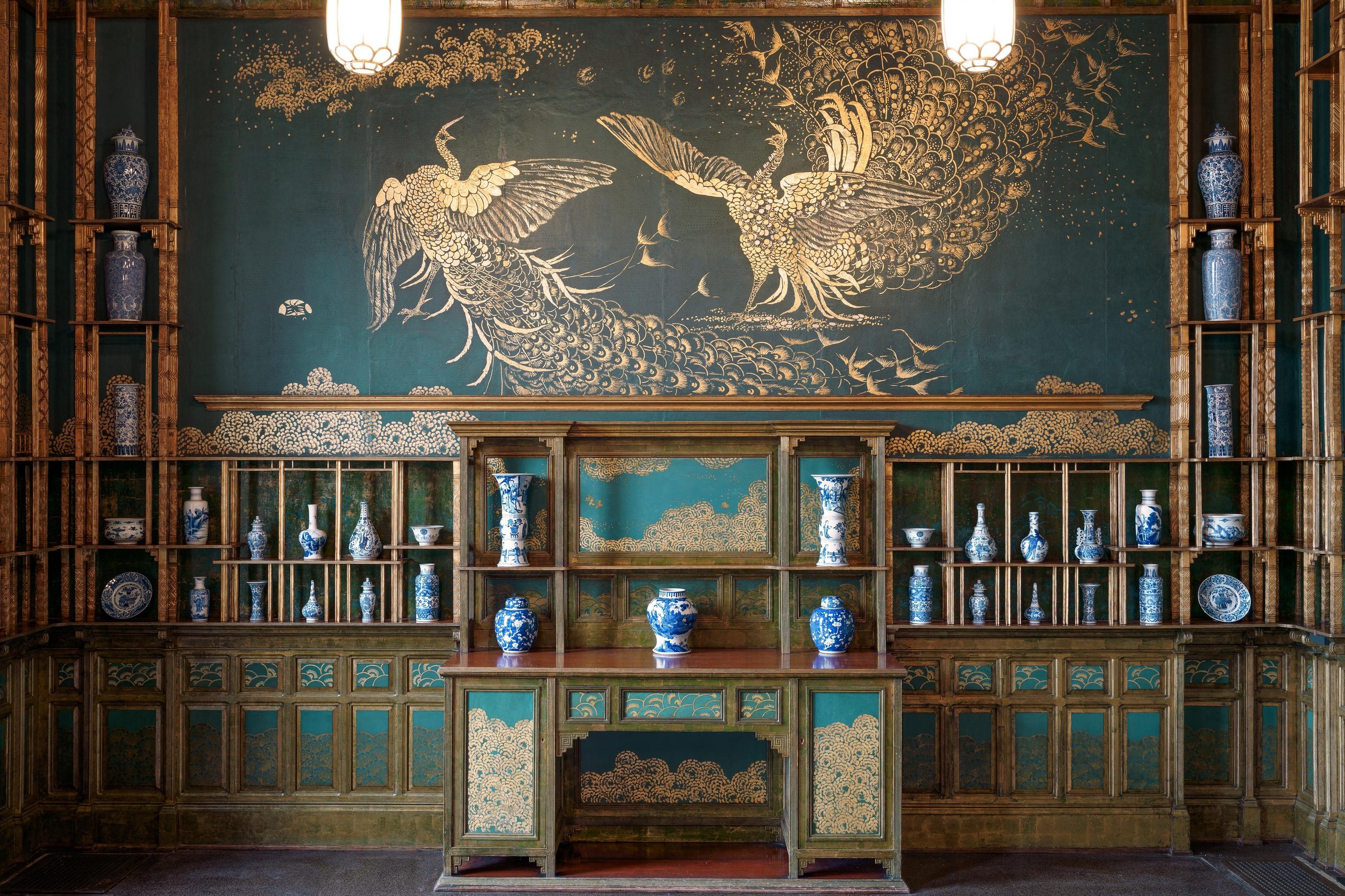Chinese porcelains displayed inside The Peacock Room at the Freer Gallery of Art