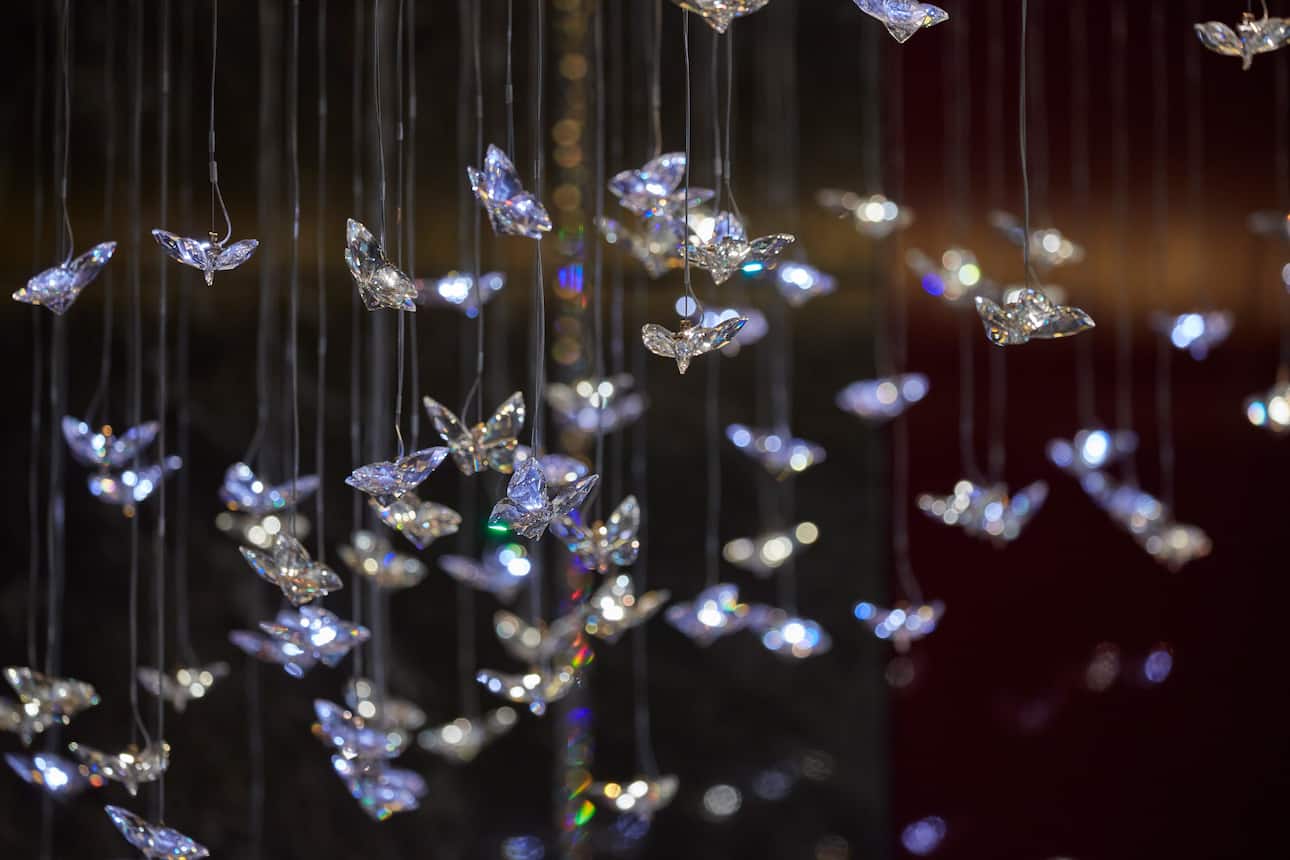 Crystal butterflies suspended from the ceiling at Mandarin Oriental, Paris