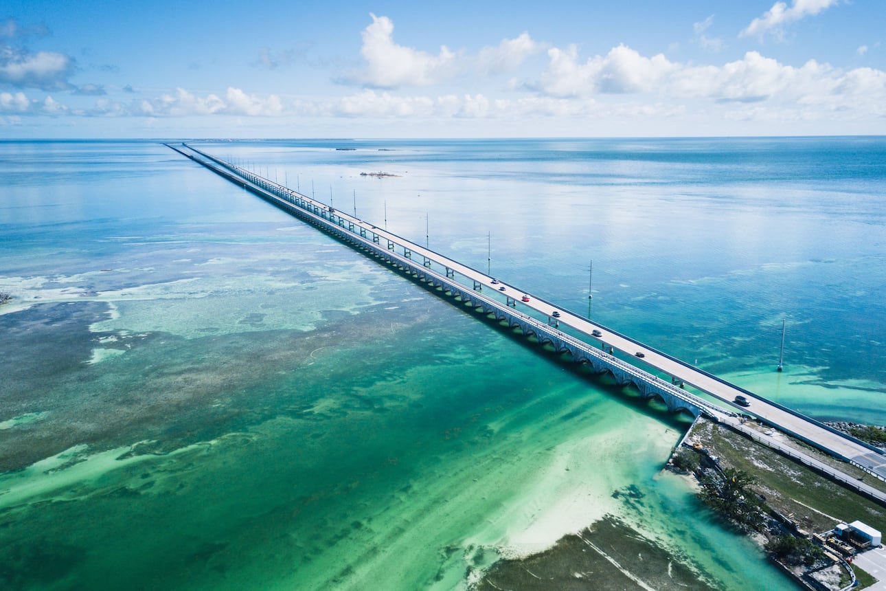 The huge straight highway running across the turquoise sea and through the Keys in Florida 