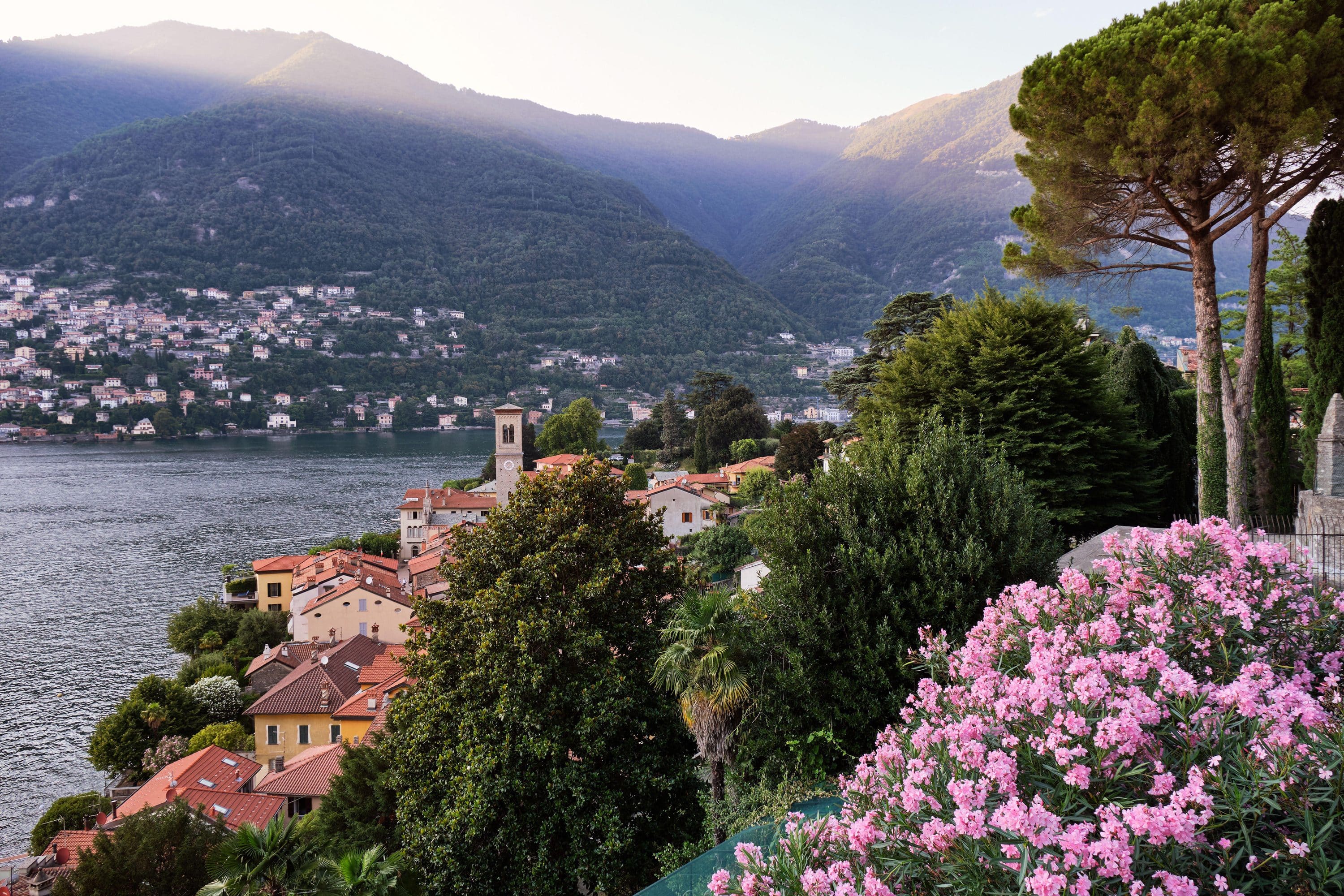 View of gardens with Lake Como in the background