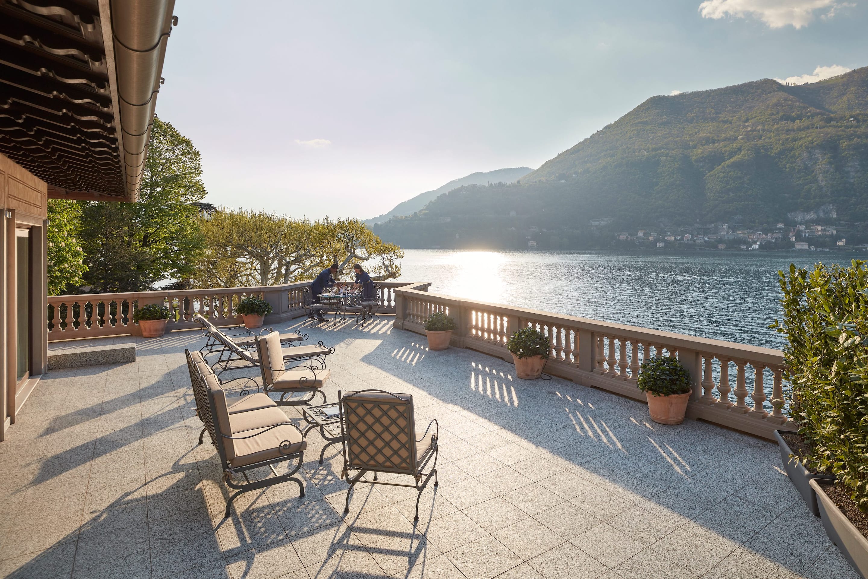 View of terrace and lake at Mandarin Oriental, Lago di Como