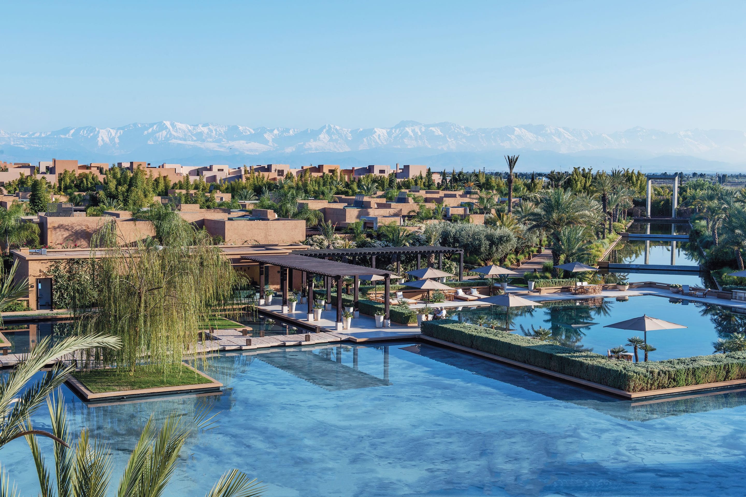 View of pool and mountains in Marrakech