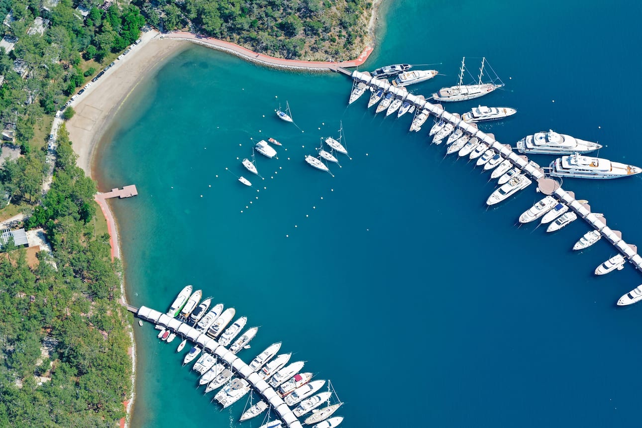 Aerial view of yachts moored at a jetty in Bodrum, Turkey