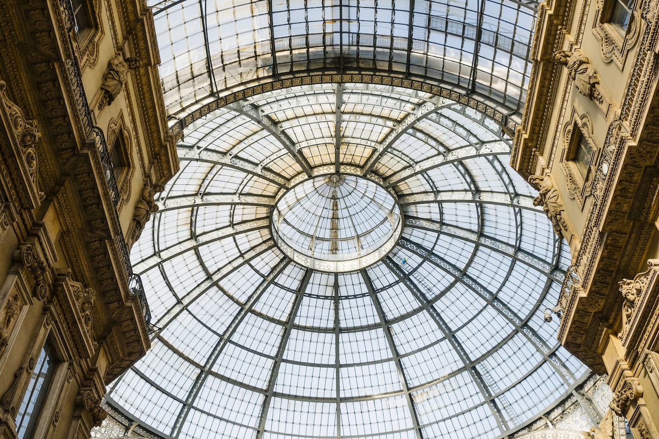 View looking up at the dome in Galleria Vittorio Emanuele II in Milan