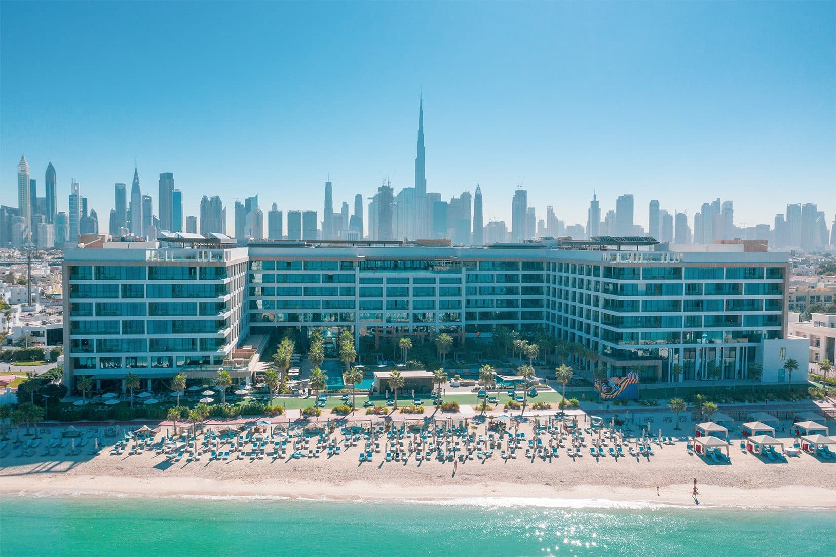 Drone view of Mandarin Oriental Jumeira's private beachfront. Photo credit: Mandarin Oriental Jumeira