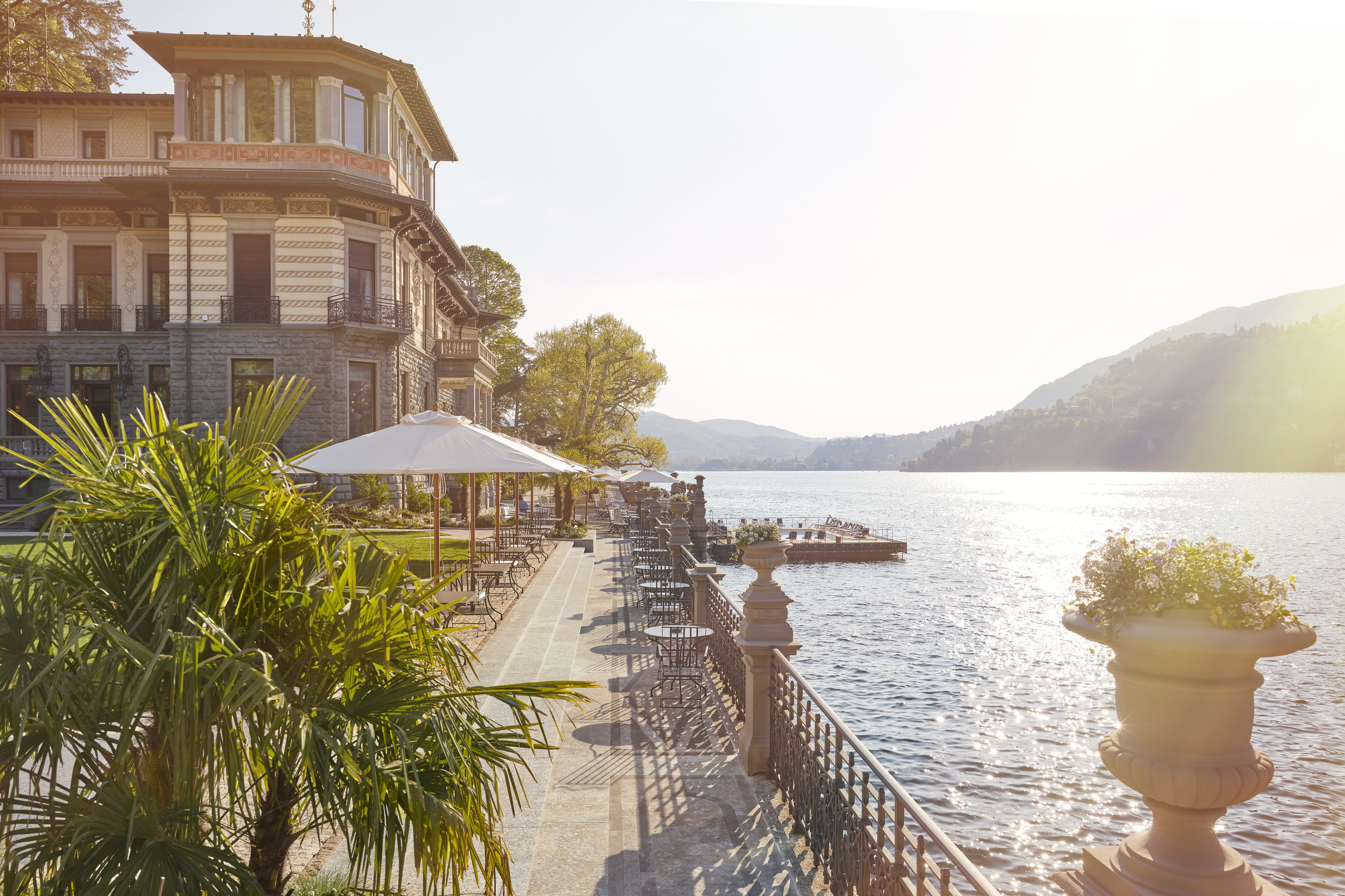 View of Lake Como from the waterfront terrace at Mandarin Oriental