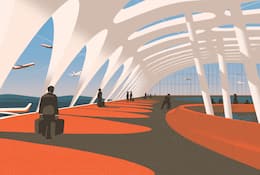 Illustration of travellers walking through an airport