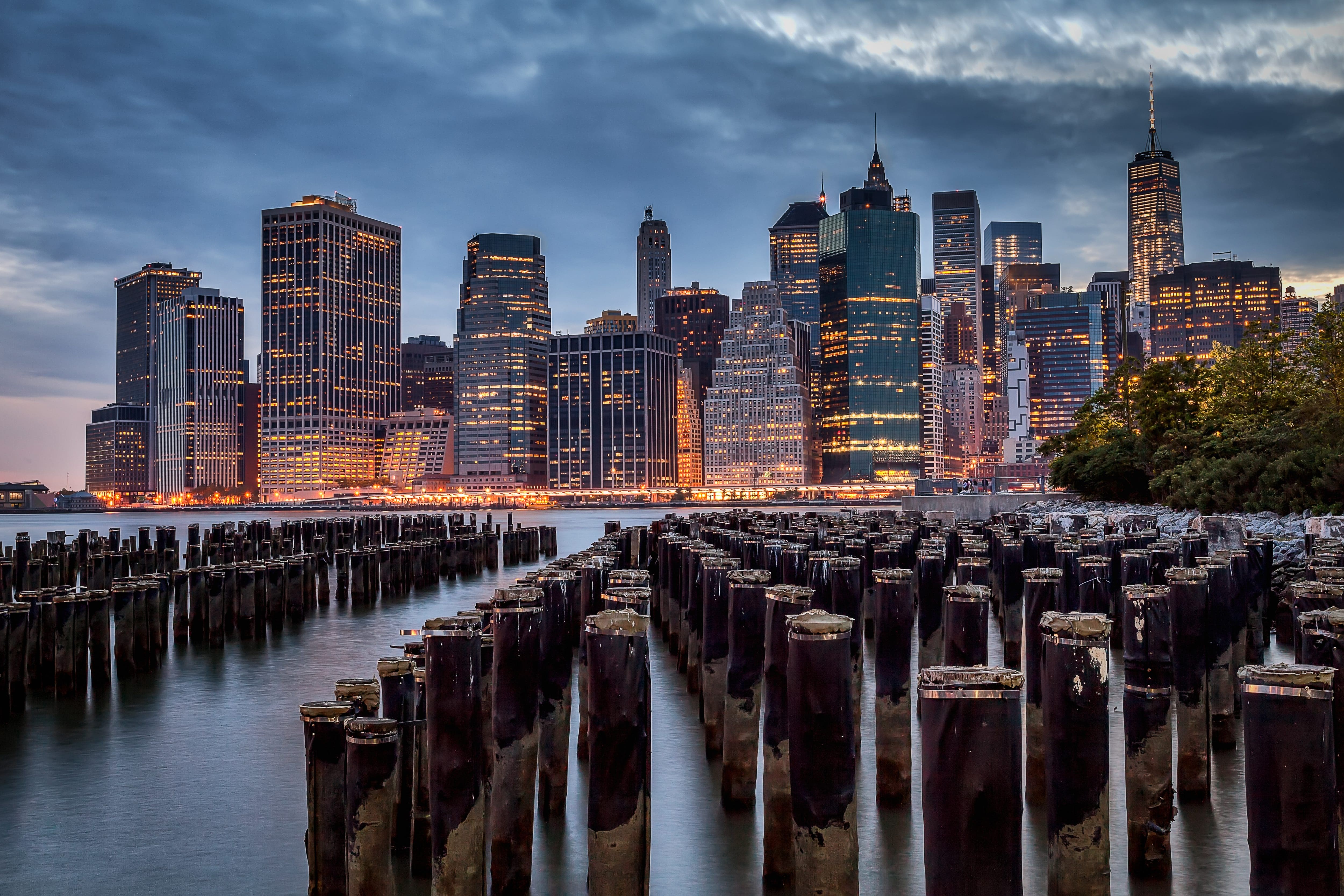 View of the New York skyline at dusk.