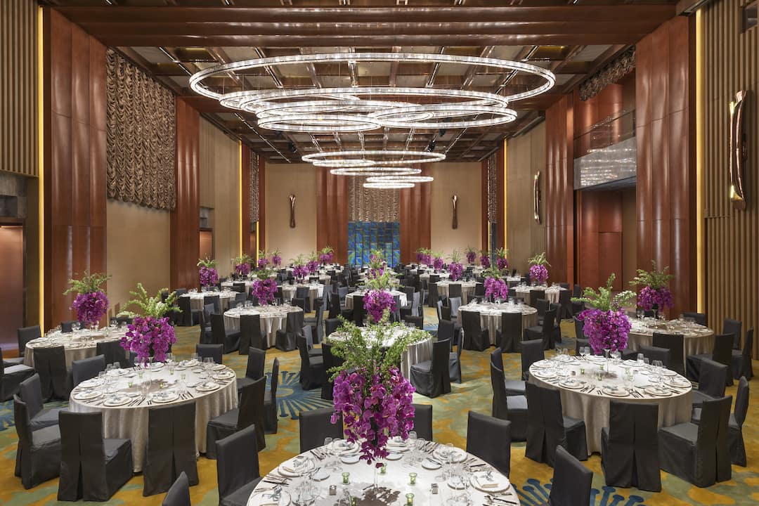 round table setting in grand ballroom at Mandarin Oriental Pudong, Shanghai